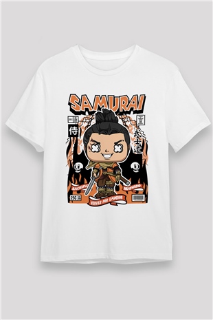 Samurai Baskılı Unisex Beyaz Tişört