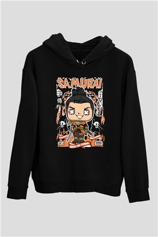 Samurai Baskılı Unisex Siyah Hoodie
