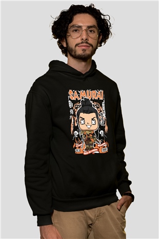 Samurai Baskılı Unisex Siyah Hoodie