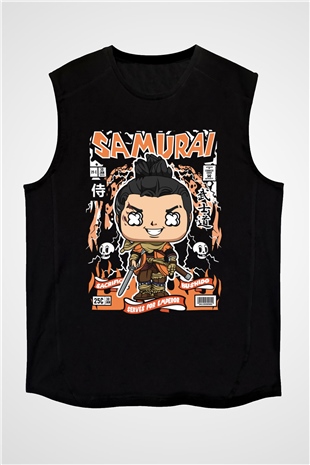 Samurai Baskılı Unisex Siyah Kolsuz Tişört