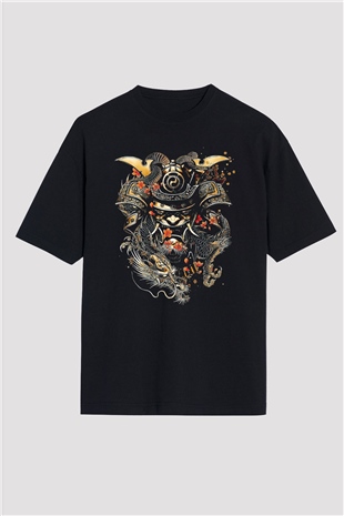 Samurai Baskılı Oversize Siyah Tişört