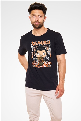 Samurai Baskılı Unisex Siyah Tişört