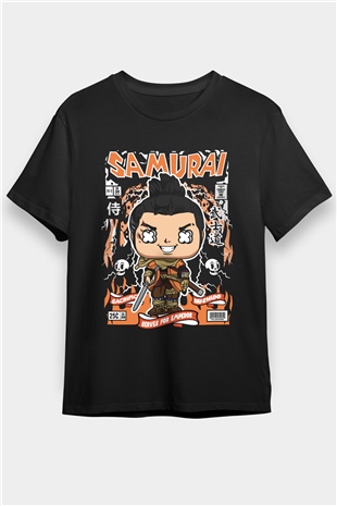 Samurai Baskılı Unisex Siyah Tişört