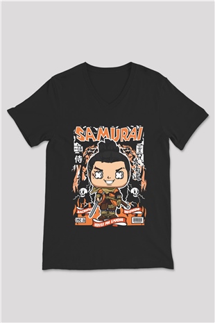 Samurai Baskılı Unisex Siyah V Yaka Tişört