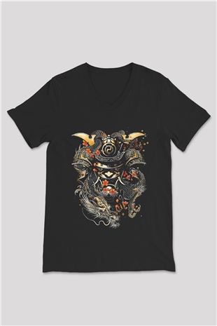 Samurai Baskılı Unisex Siyah  V Yaka Tişört