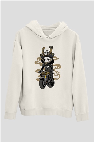 Samurai Biker Baskılı Beyaz Unisex Hoodie