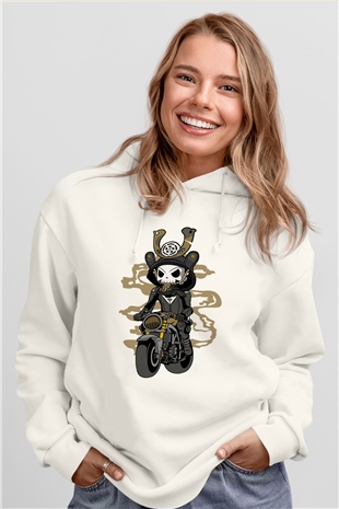 Samurai Biker Baskılı Beyaz Unisex Hoodie