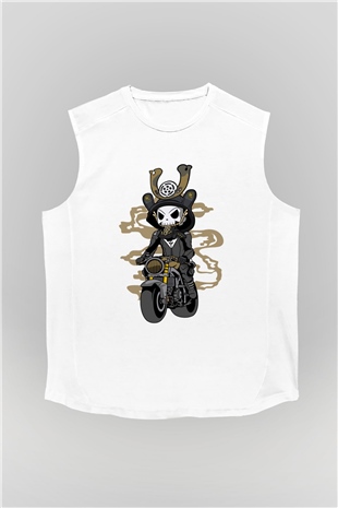 Samurai Biker Baskılı Beyaz Unisex Kolsuz Tişört
