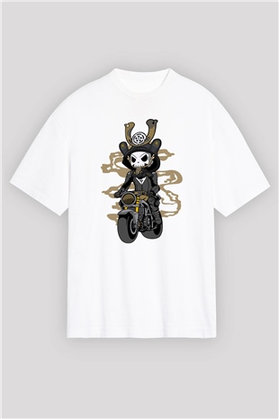 Samurai Biker Baskılı Beyaz Unisex Oversize Tişört