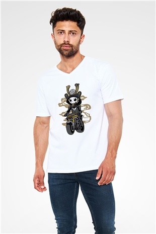 Samurai Biker Baskılı Beyaz Unisex V Yaka Tişört