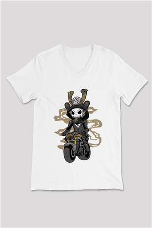 Samurai Biker Baskılı Beyaz Unisex V Yaka Tişört