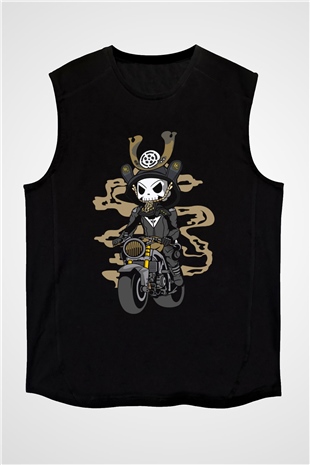 Samurai Biker Baskılı Siyah Unisex Kolsuz Tişört
