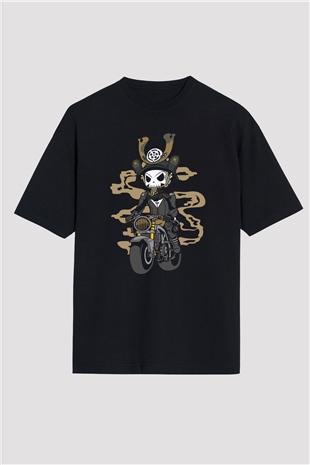 Samurai Biker Baskılı Siyah Unisex Oversize Tişört