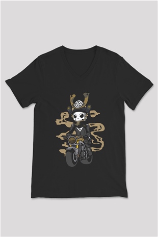 Samurai Biker Baskılı Siyah Unisex V Yaka Tişört