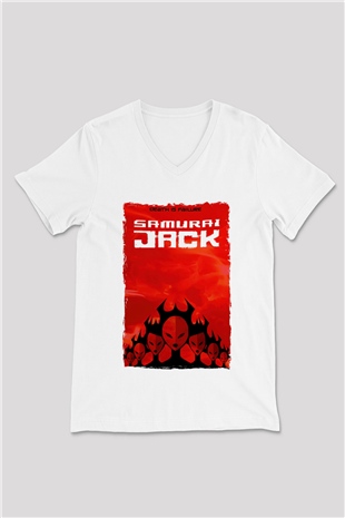 Samurai Jack Beyaz Unisex V Yaka Tişört