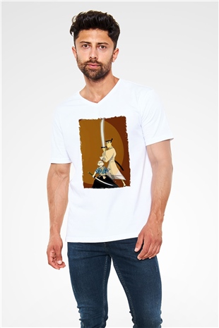 Samurai Jack Beyaz Unisex V Yaka Tişört