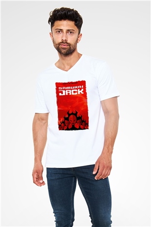 Samurai Jack Beyaz Unisex V Yaka Tişört