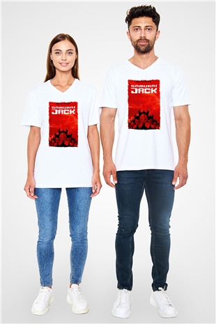 Samurai Jack Beyaz Unisex V Yaka Tişört
