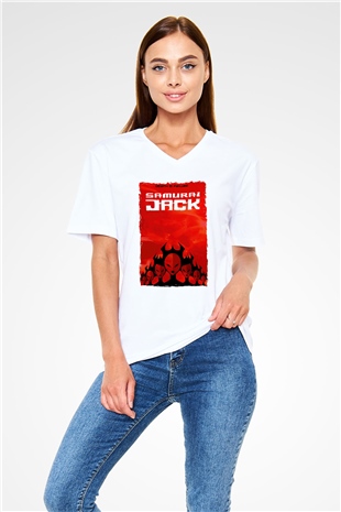 Samurai Jack Beyaz Unisex V Yaka Tişört