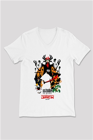 Samurai Jack Beyaz Unisex V Yaka Tişört