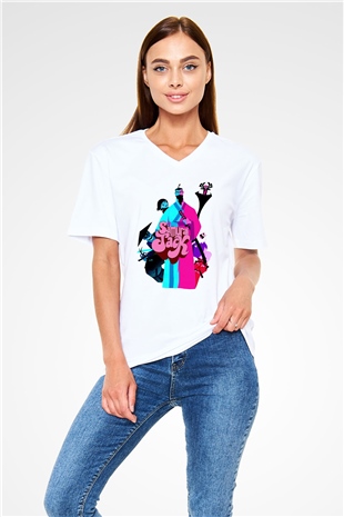 Samurai Jack Beyaz Unisex V Yaka Tişört