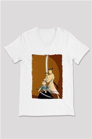 Samurai Jack Beyaz Unisex V Yaka Tişört