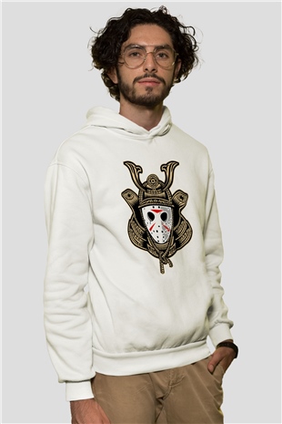 Samurai Jason Baskılı Beyaz Unisex Hoodie