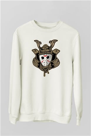 Samurai Jason Baskılı Beyaz Unisex Sweatshirt