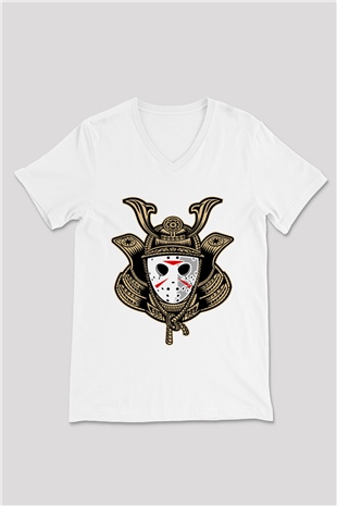 Samurai Jason Baskılı Beyaz Unisex V Yaka Tişört