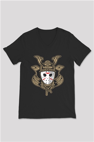 Samurai Jason Baskılı Siyah Unisex V Yaka Tişört