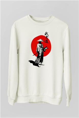 Samuray Temalı Baskılı Beyaz  Sweatshirt