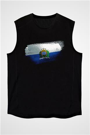 San Marino Bayrağı Baskılı Unisex Siyah Kolsuz Tişört