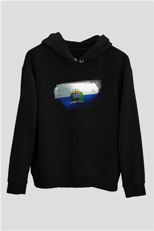 San Marino Bayrağı Baskılı Unisex Siyah Kapüşonlu Sweatshirt
