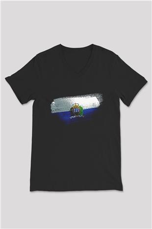San Marino Bayrağı Baskılı Unisex Siyah V Yaka Tişört