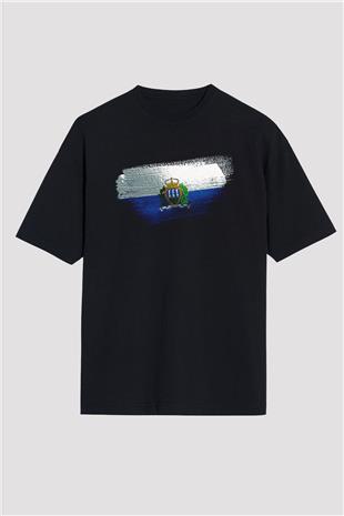 San Marino Bayrağı Baskılı Unisex Siyah Oversize Tişört