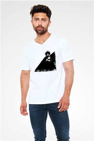 Sandman Baskılı Beyaz Unisex V Yaka Tişört - Tshirt