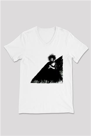 Sandman Baskılı Beyaz Unisex V Yaka Tişört - Tshirt