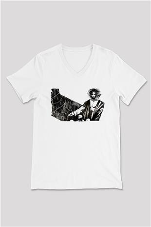 Sandman Baskılı Beyaz Unisex V Yaka Tişört - Tshirt