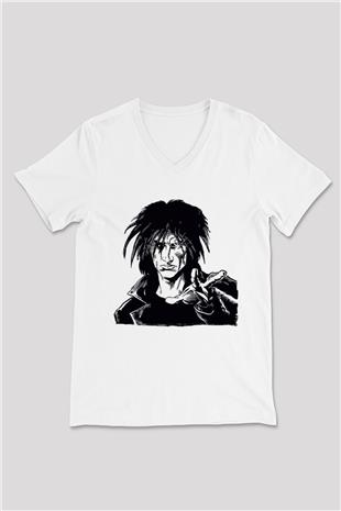 Sandman Baskılı Beyaz Unisex V Yaka Tişört - Tshirt
