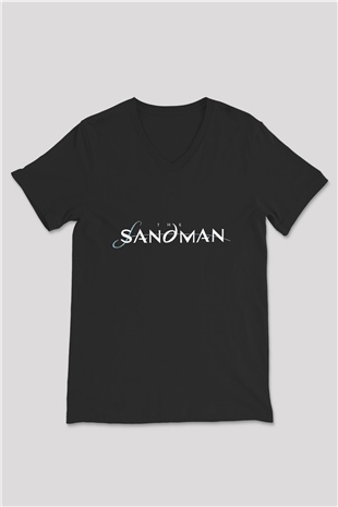 Sandman Baskılı Unisex Siyah V Yaka Tişört - Tshirt