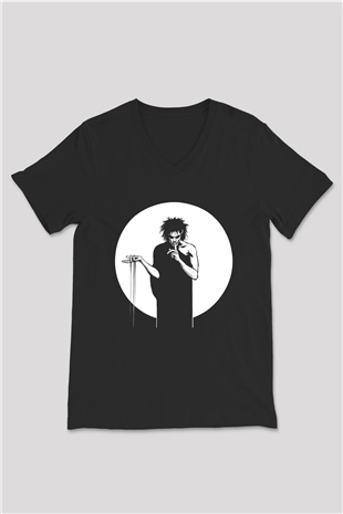 Sandman Baskılı Unisex Siyah V Yaka Tişört - Tshirt