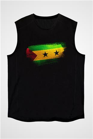 Sao Tome Principe Bayrağı Baskılı Unisex Siyah Kolsuz Tişört