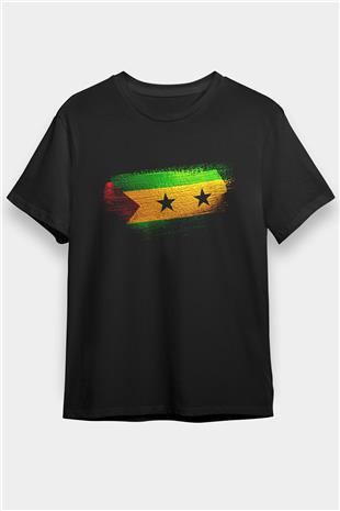 Sao Tome Principe Bayrağı Baskılı Unisex Siyah Tişört