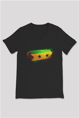 Sao Tome Principe Bayrağı Baskılı Unisex Siyah V Yaka Tişört
