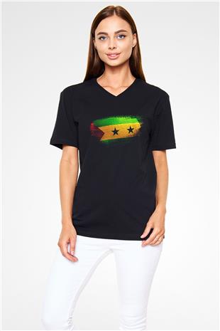 Sao Tome Principe Bayrağı Baskılı Unisex Siyah V Yaka Tişört