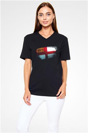 Sark Bayrağı Baskılı Unisex Siyah V Yaka Tişört
