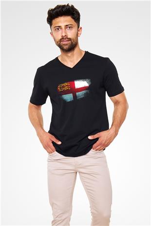 Sark Bayrağı Baskılı Unisex Siyah V Yaka Tişört
