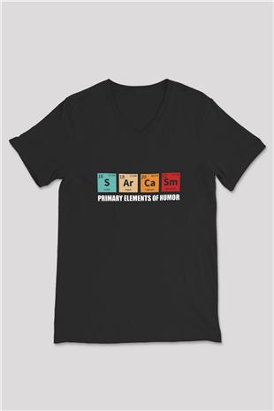 Sarkazm Elementler Baskılı Unisex V Yaka Siyah Tİşört - Tshirt