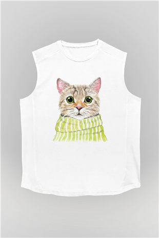 Şaşkın Kedi Baskılı Unisex Beyaz  Kolsuz Tişört