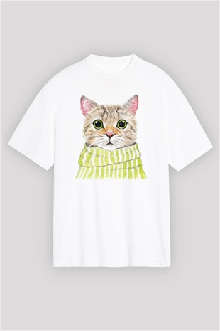 Şaşkın Kedi Baskılı Oversize Beyaz Tshirt